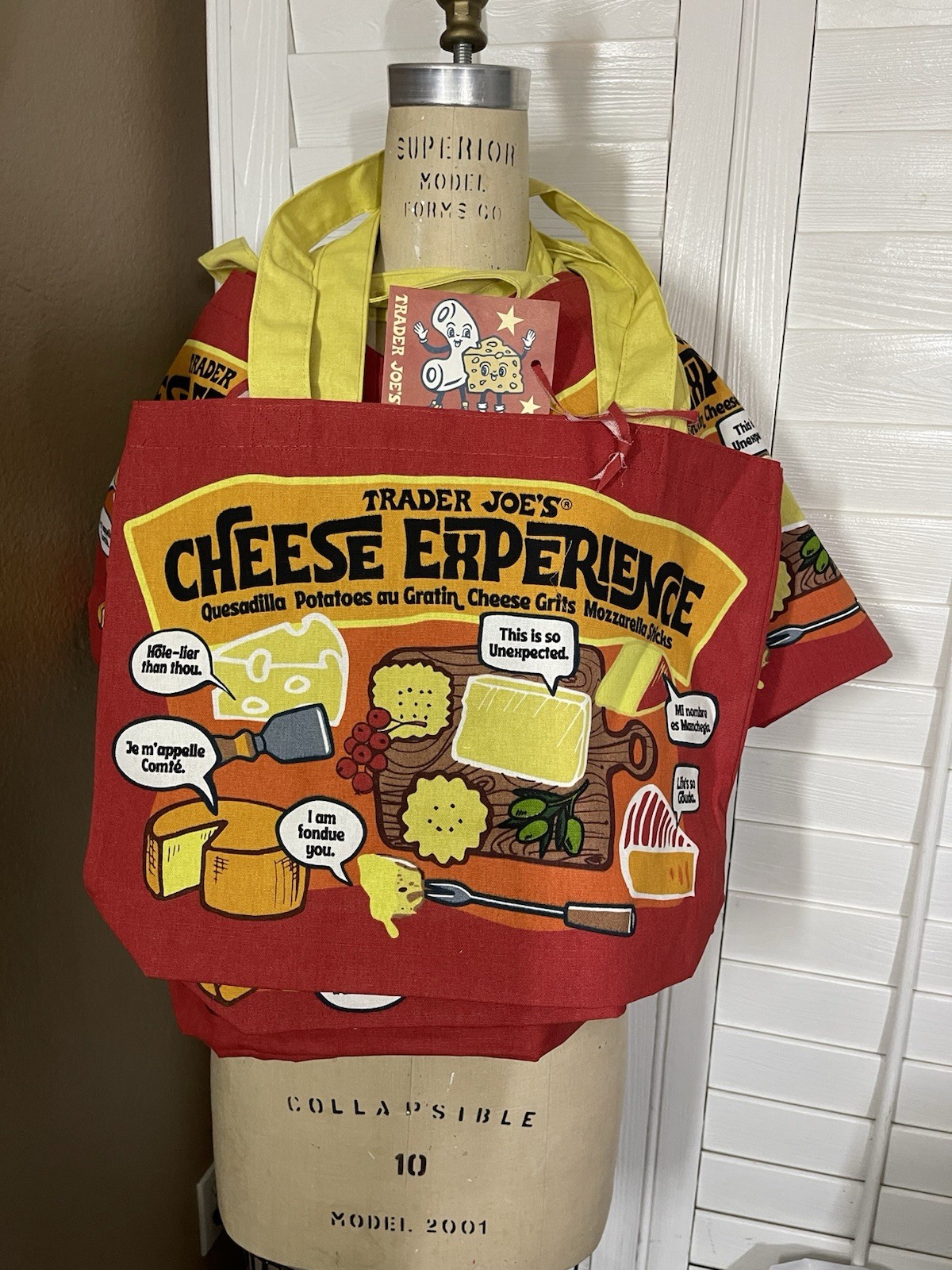 Trader Joe’s Cheese Bag Reusable Cotton Shopping Bag Red Yellow Pop Art Foldable