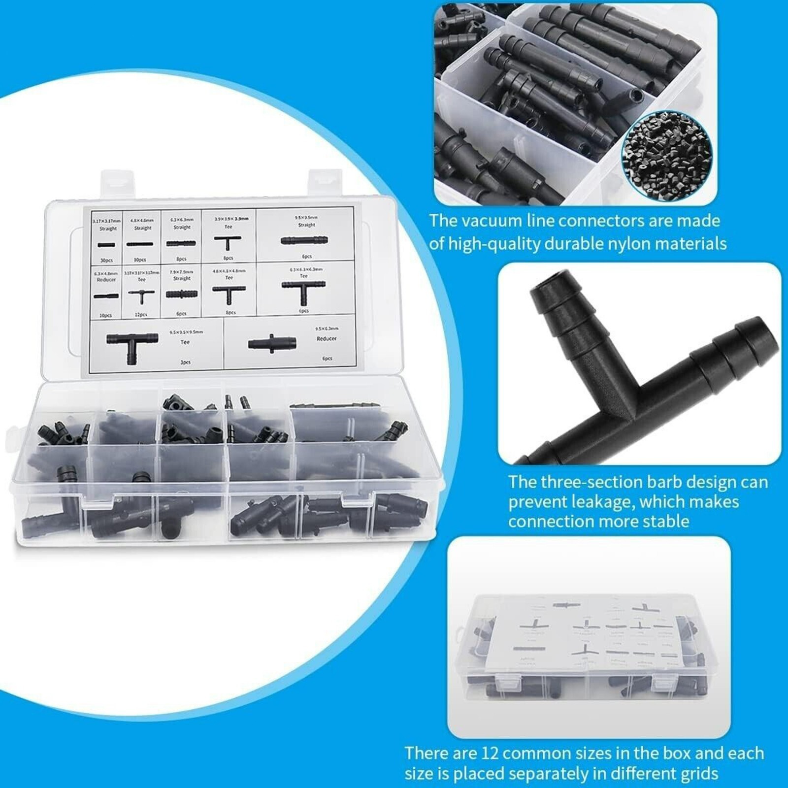 113Pcs 12 Sizes Barbed Type Automotive Vacuum Connector Assortment Kits US STOCK