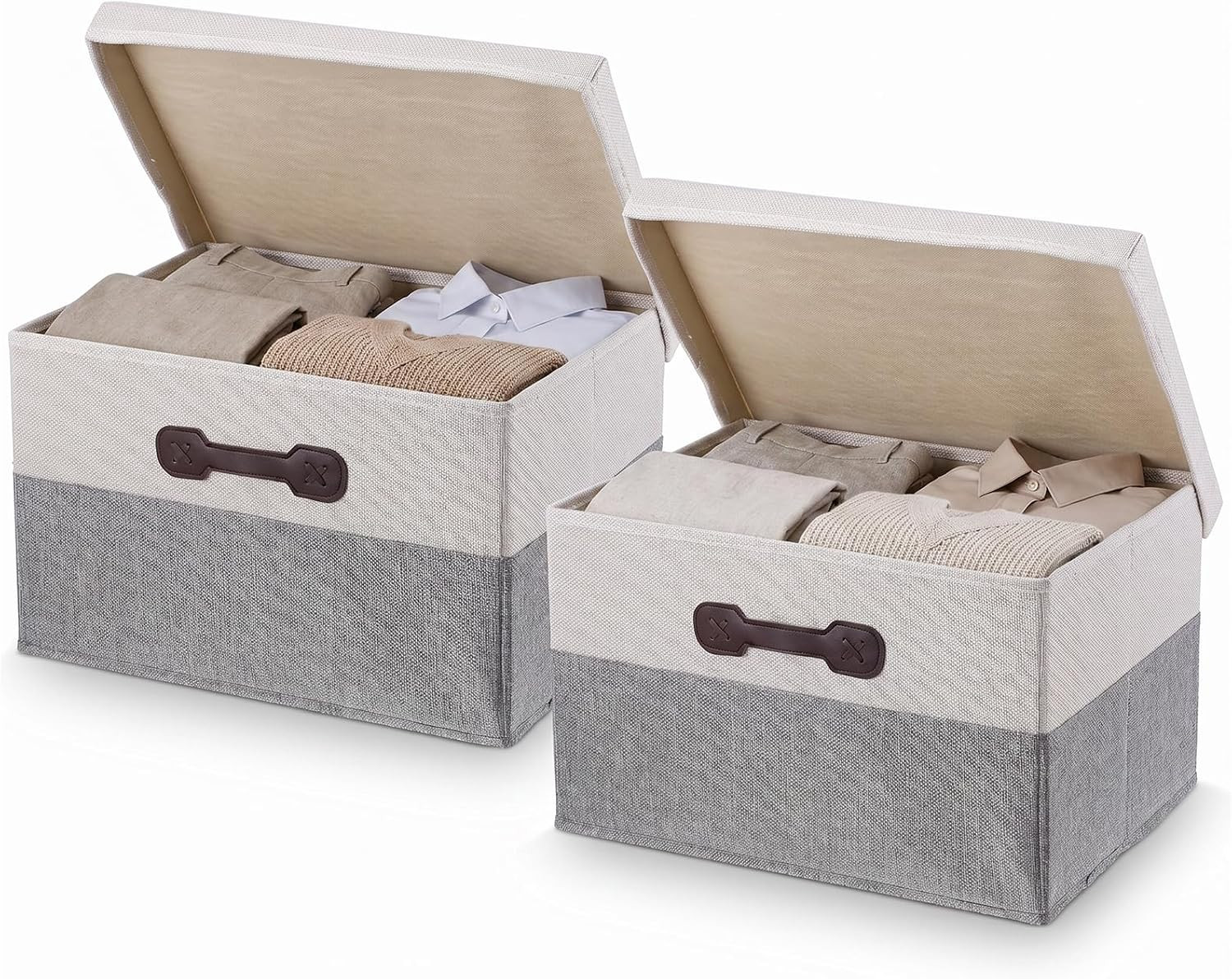 Large Foldable Storage Bins with Lids – 2 Pack Fabric Organizers in White & Gray
