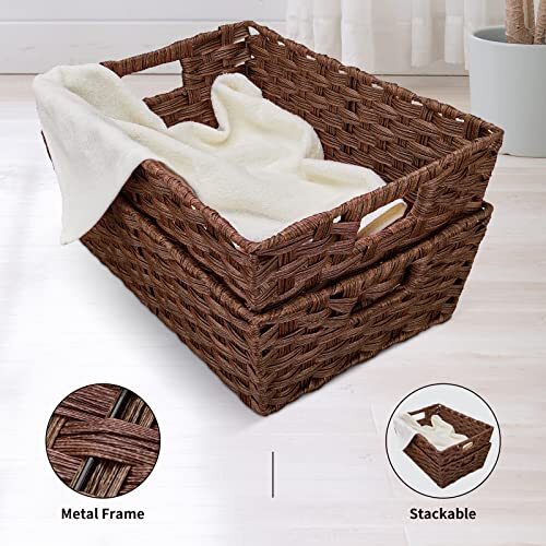 Large Wicker Storage Basket Metal Frame Set Of 2 Washable Waterproof 15″ X 10.3″