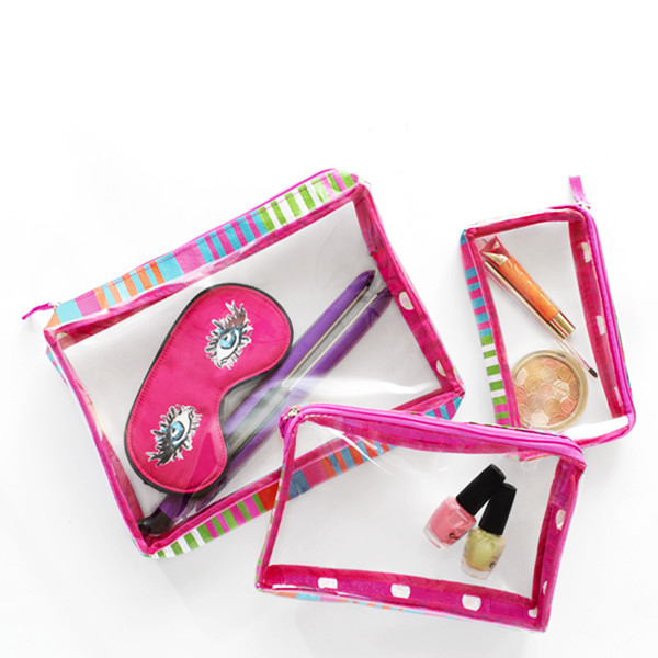 Candy stripe 3 Clear Cosmetic Makeup Bags Pouches PVC Women Travel Brand NEW