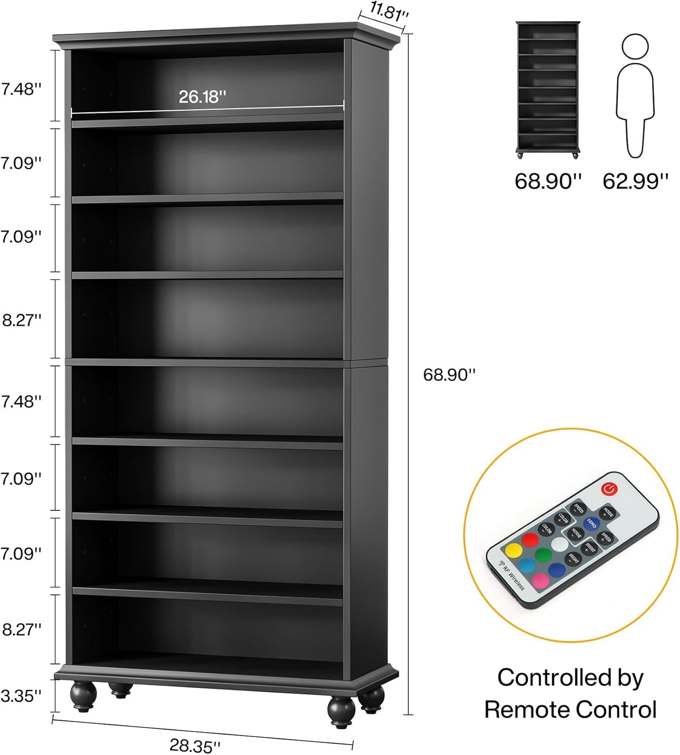 Narrow Tall Shoe Cabinet with LED Lighting, 9-Tier Freestanding Shoes Storage