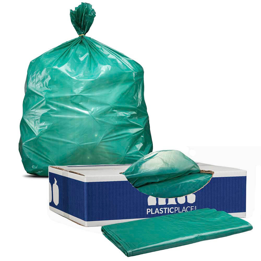 Plasticplace 32-33 Gallon Trash Bags – Green, case of 100 bags