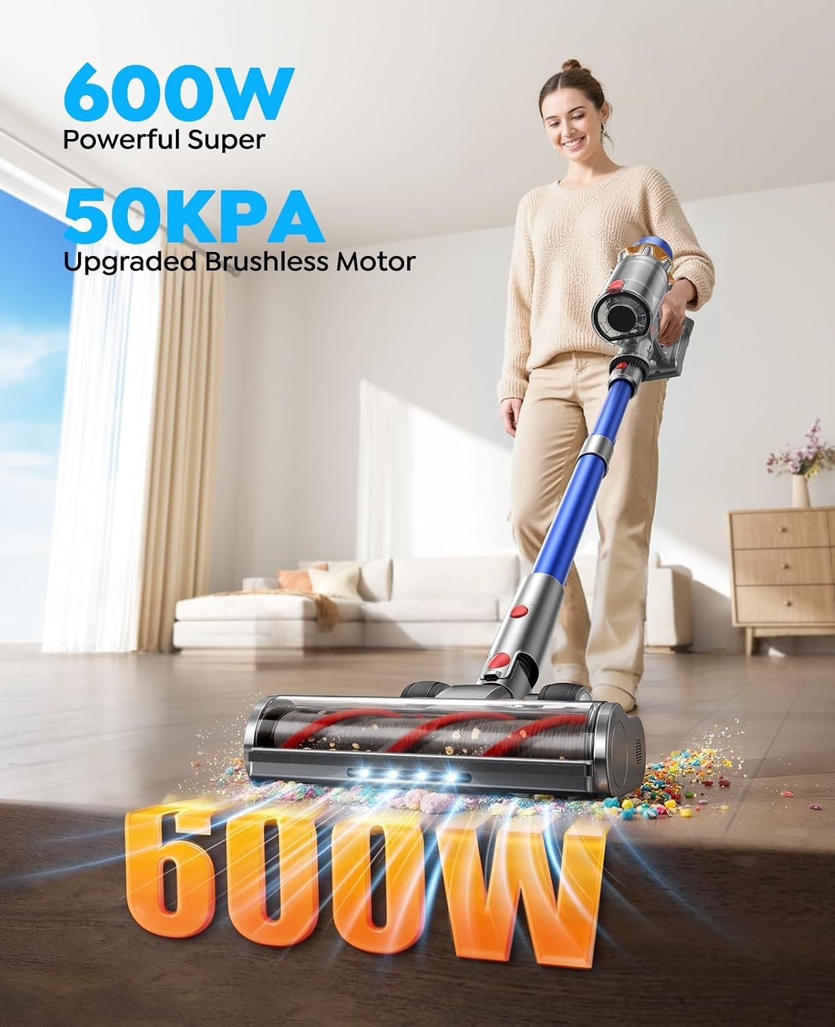 Cordless Vacuum Cleaner – 600W, Dual Batteries, 130-Min Runtime for Pets & Home
