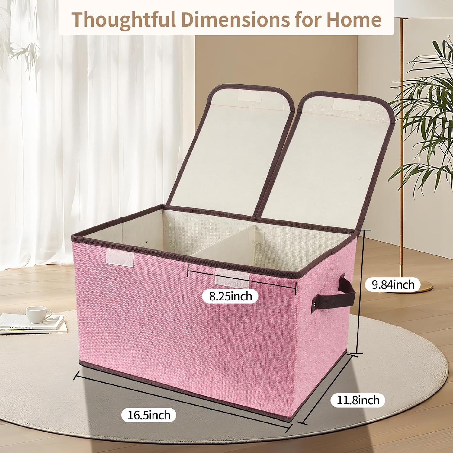 Fabric Foldable Storage Box Pink 16.5×11.8×9.8in Double-Lid Dividers Organizer
