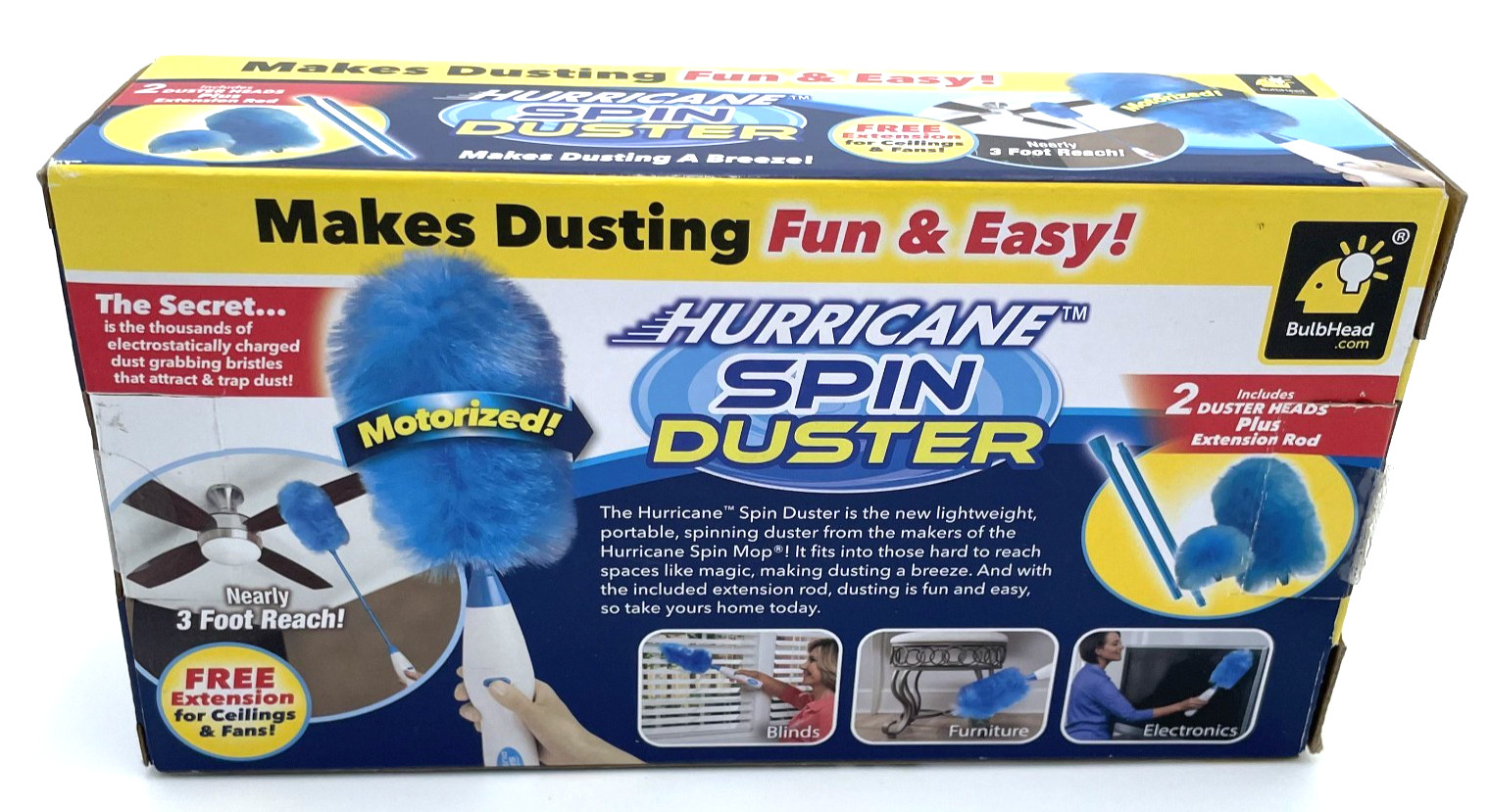 Hurricane Spin Duster, as seen on TV. Motorized with 3FT reach. Fun and Easy.