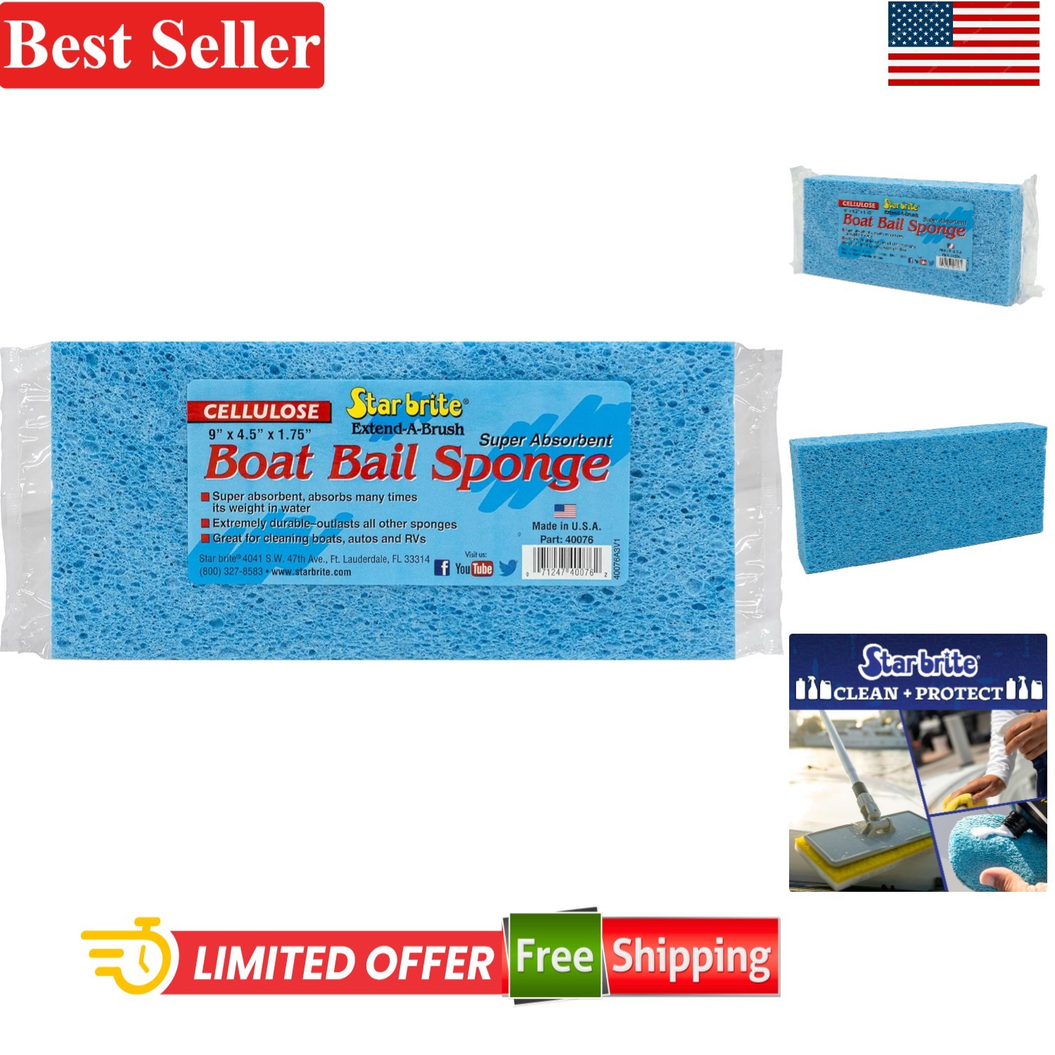 Cellulose Sponge Big Boat 9×4.5×1.75 Inch For Boat Cleaning & Water Absorption