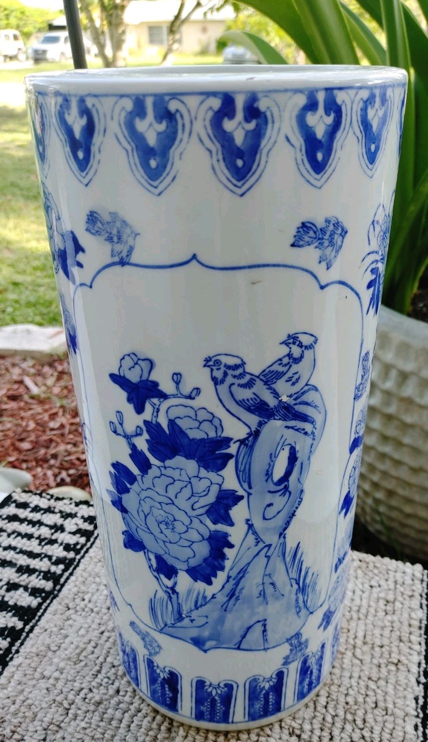 Vintage Ceramic Umbrella Stand Blue and White With Butterflies And Birds 14×7″