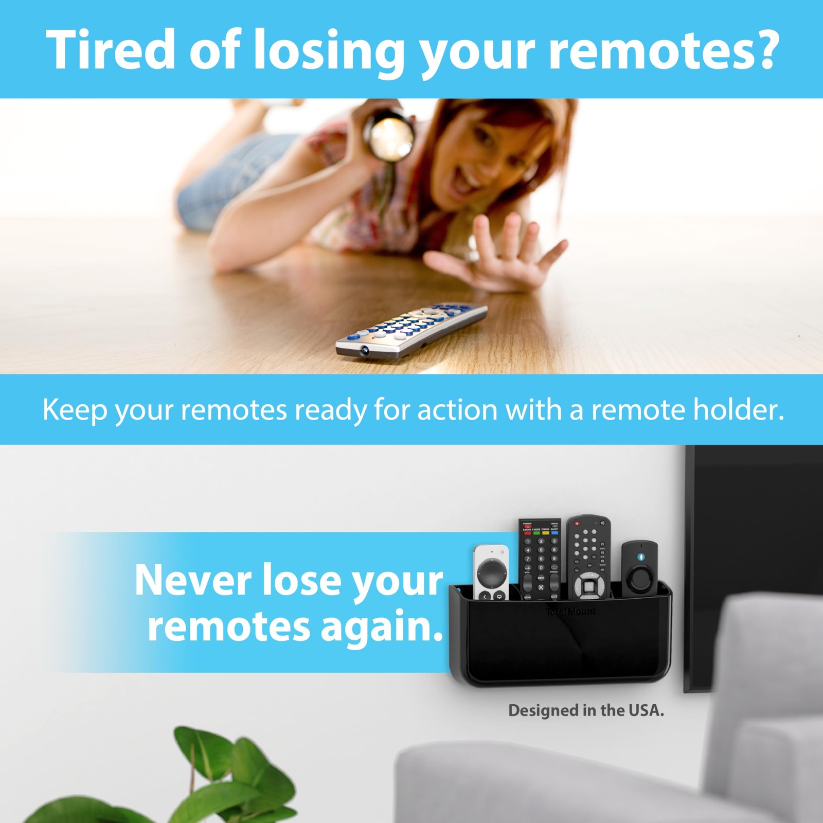 HoleFree Remote Holder Wall Mount No Drill Premium Black Caddy For 34 Remotes