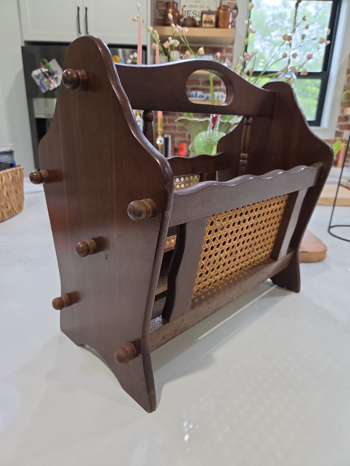 Vintage MCM Wood Wicker Rattan Cane Magazine Book Record Rack Holder Jay Imports