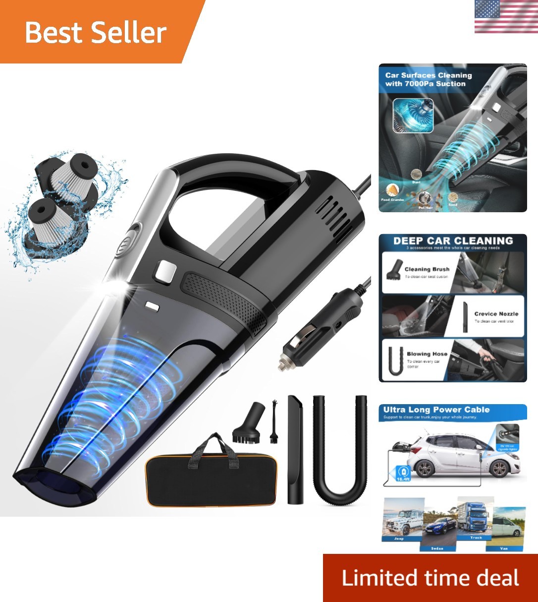 Lightweight Portable Car Vacuum with 7000PA Suction Power & Multi-Cleaning Tools