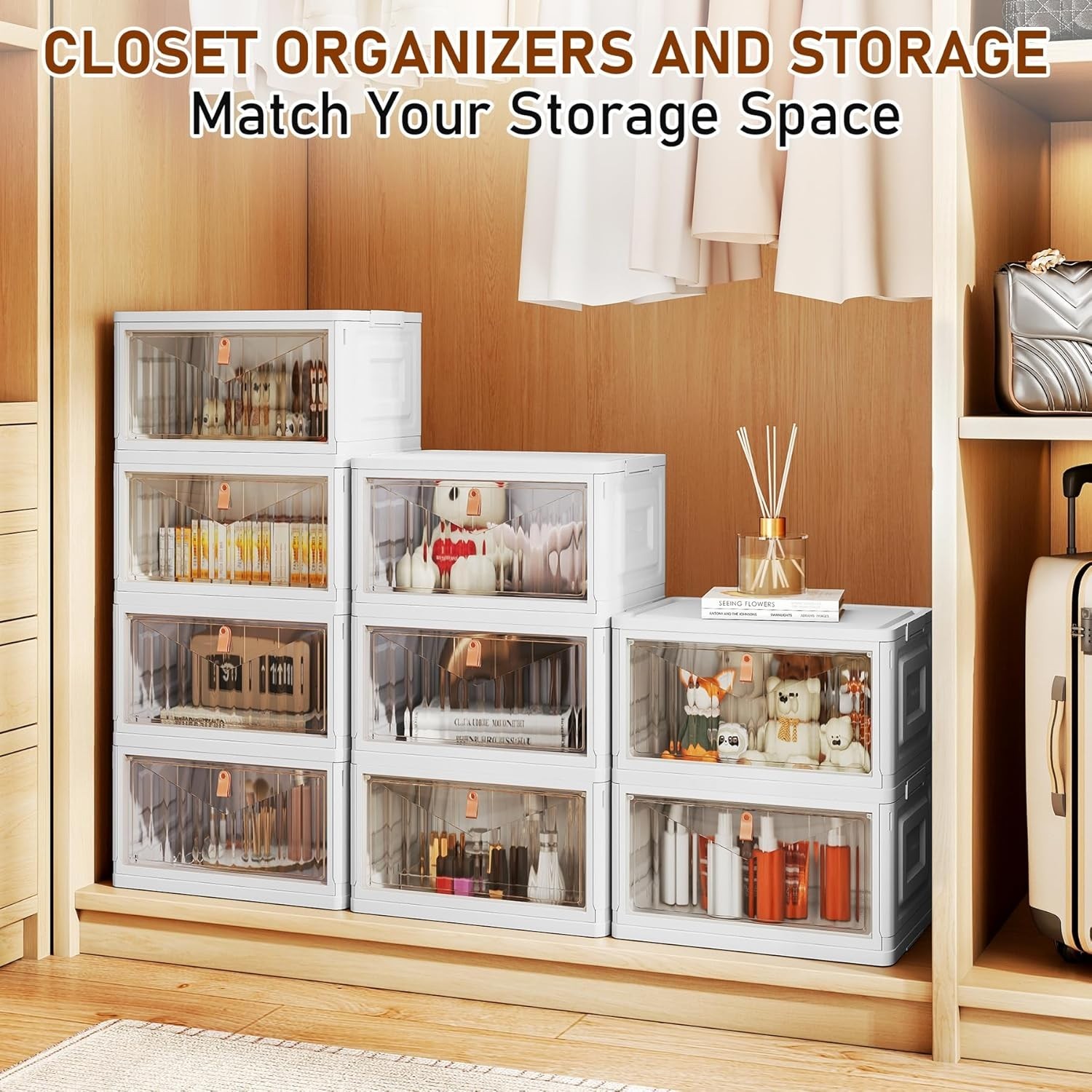 4 Tier Storage Bins with Lids, 23QT Stackable Closet Organizers and Storage w…