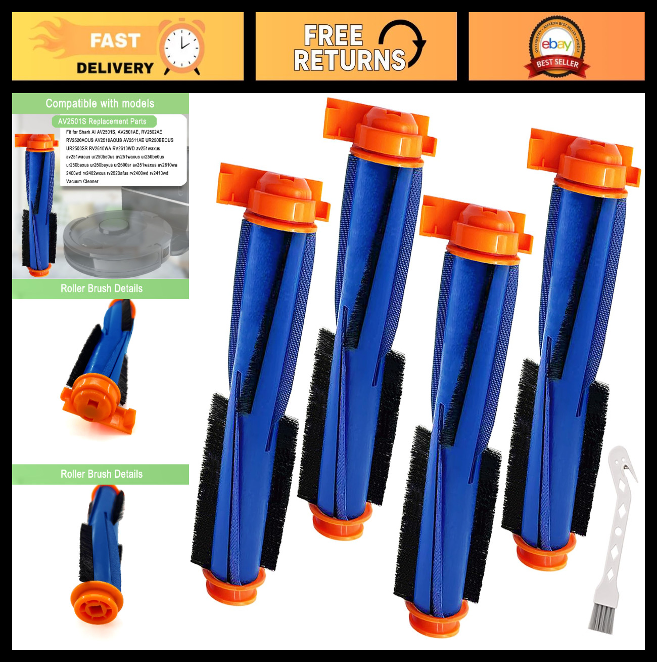 4 Pack Main Brush Replacement for Shark AI Ultra 2-in-1 Robot Vacuum Parts