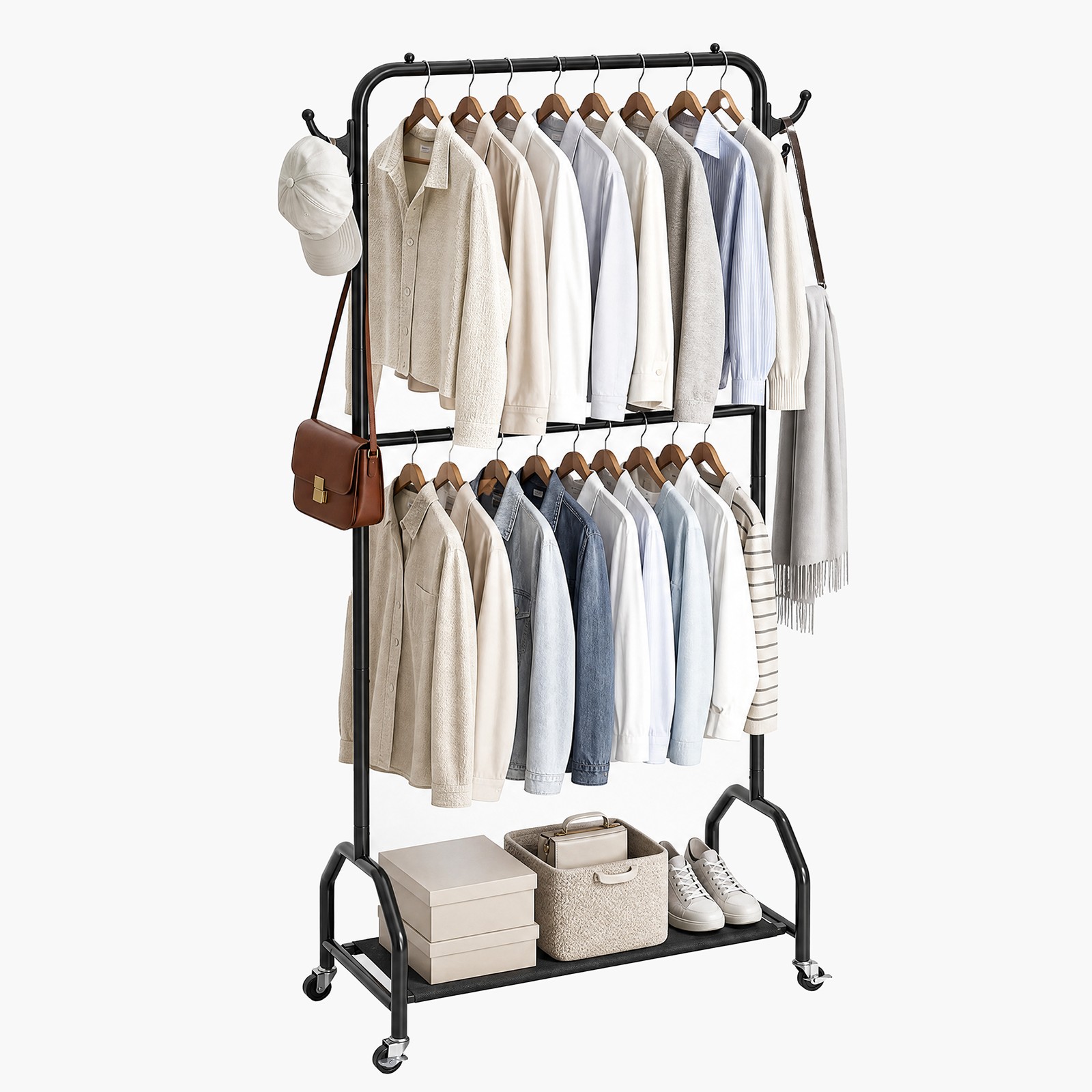 Double Rod Hanging Clothes Rack Oxford Cloth Bottom Shelf Shoe Organizer