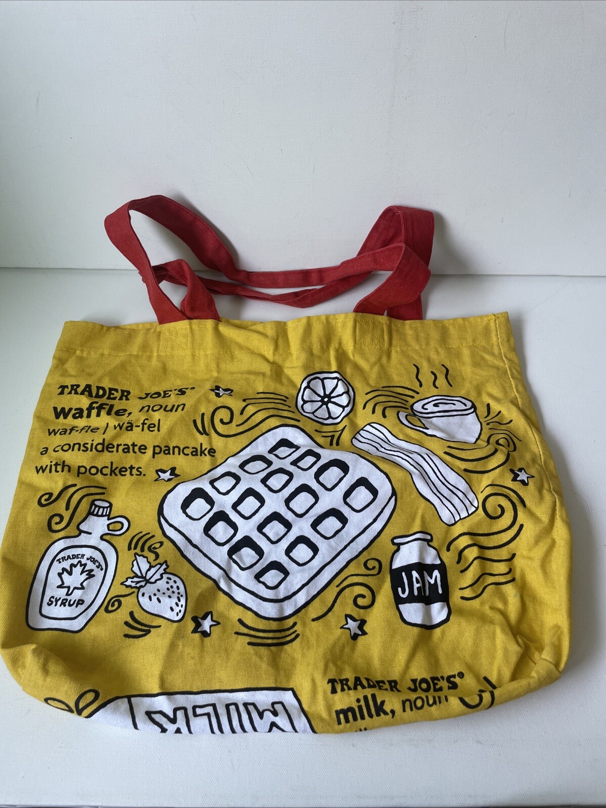 Trader Joe’s Reusable Tote Bag Grocery Shopping Waffle Toast Cotton Yellow Red