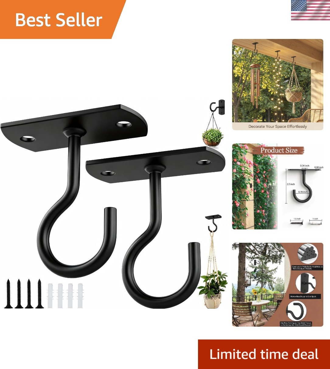 Elegant 2-Pack 2.5in Heavy Duty Ceiling Hooks for Indoor & Outdoor Decor