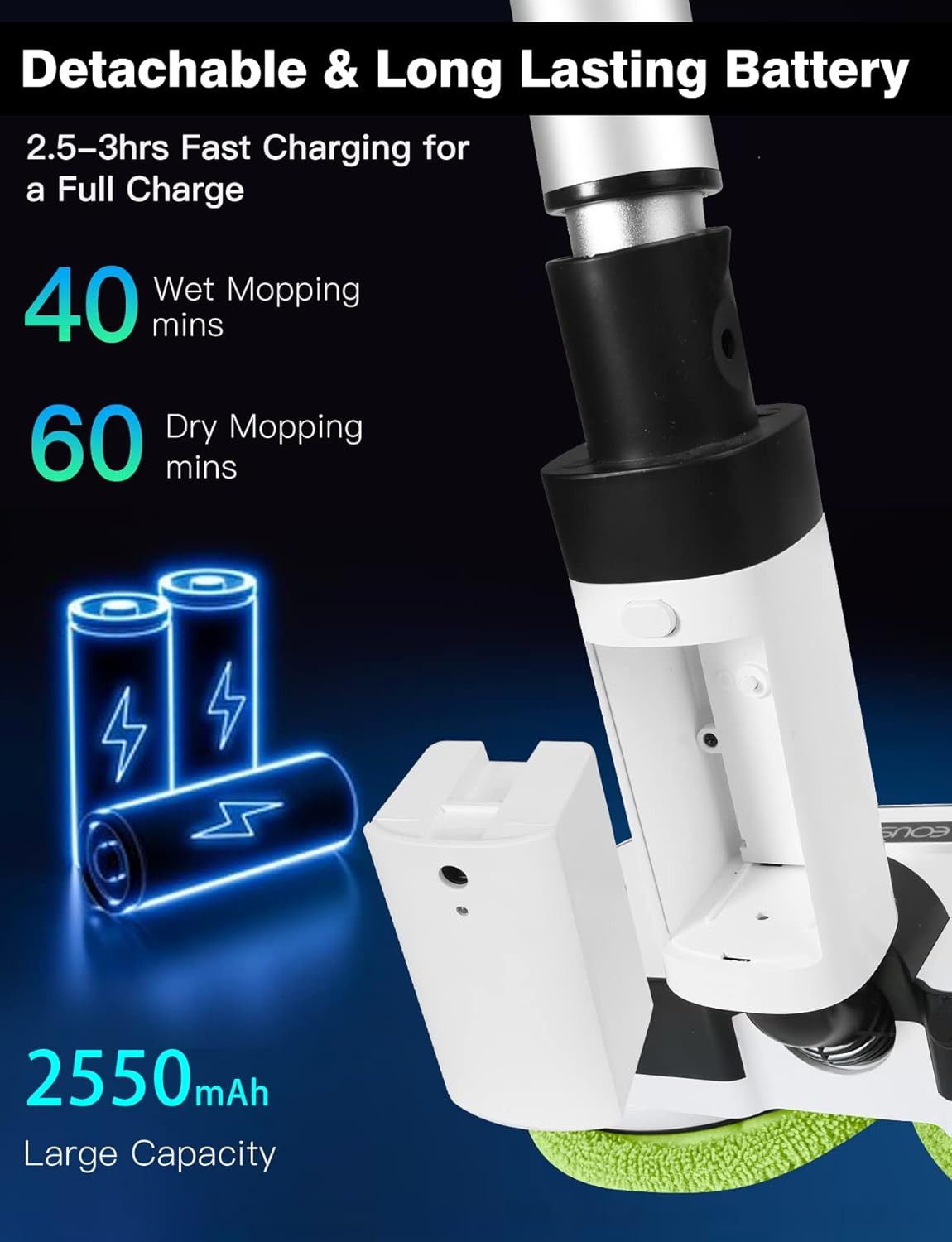 Cordless Electric Mop with LED Light, Water Sprayer & 60 Min Battery Life