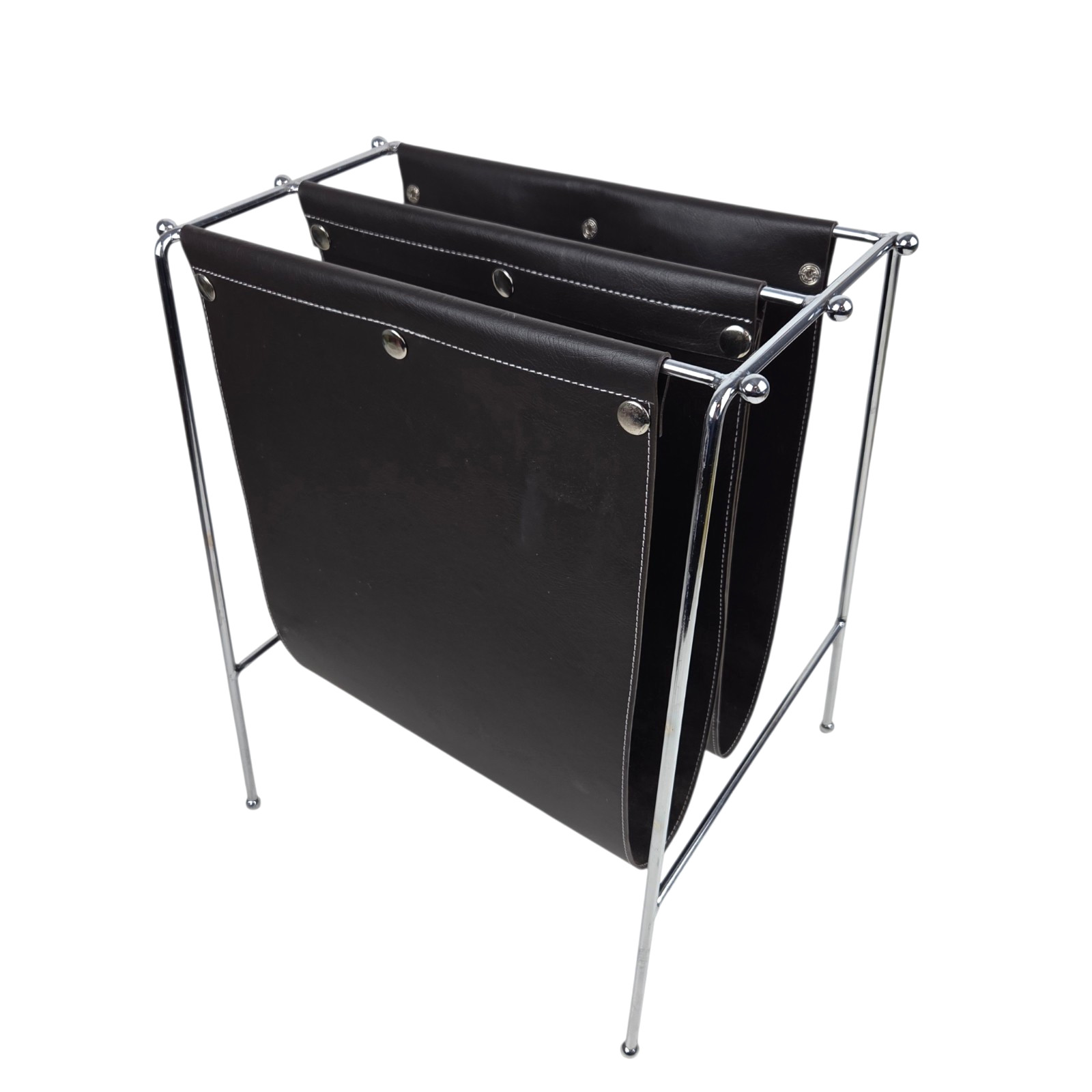 Mid Century Jacques Adnet Style Leather Grain Black Vinyl Chrome Magazine Rack