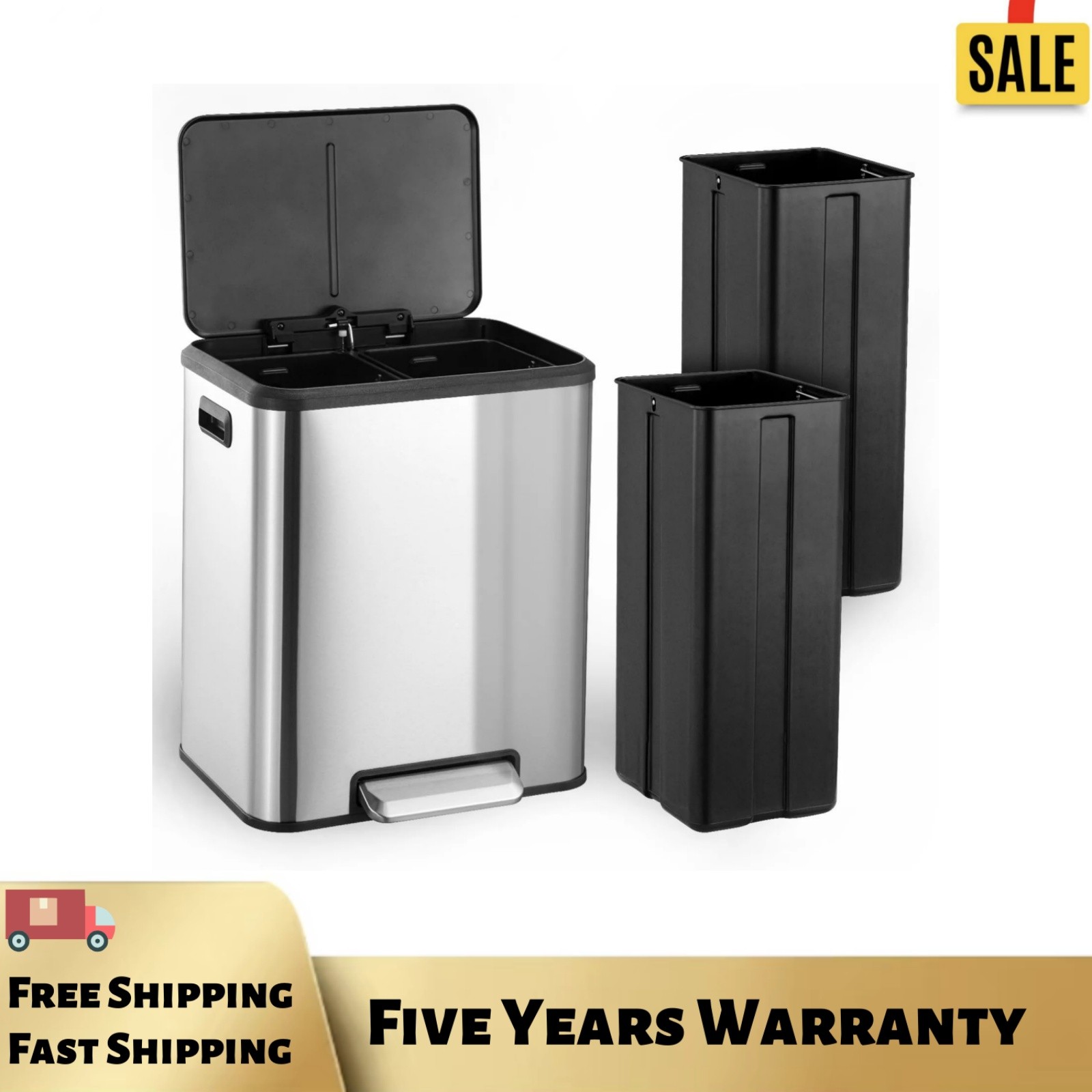 Dual Compartment Trash Can with Lid, 2×4 Gallons (30L) Stainless Steel Waste Bin