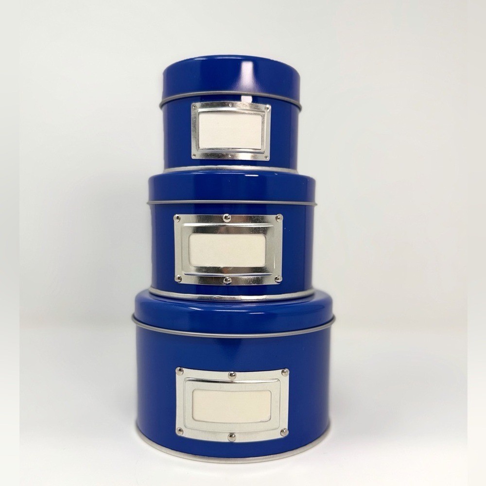 Blue Nesting Storage Tins Set of 3 Minimalist Home Organization Decor