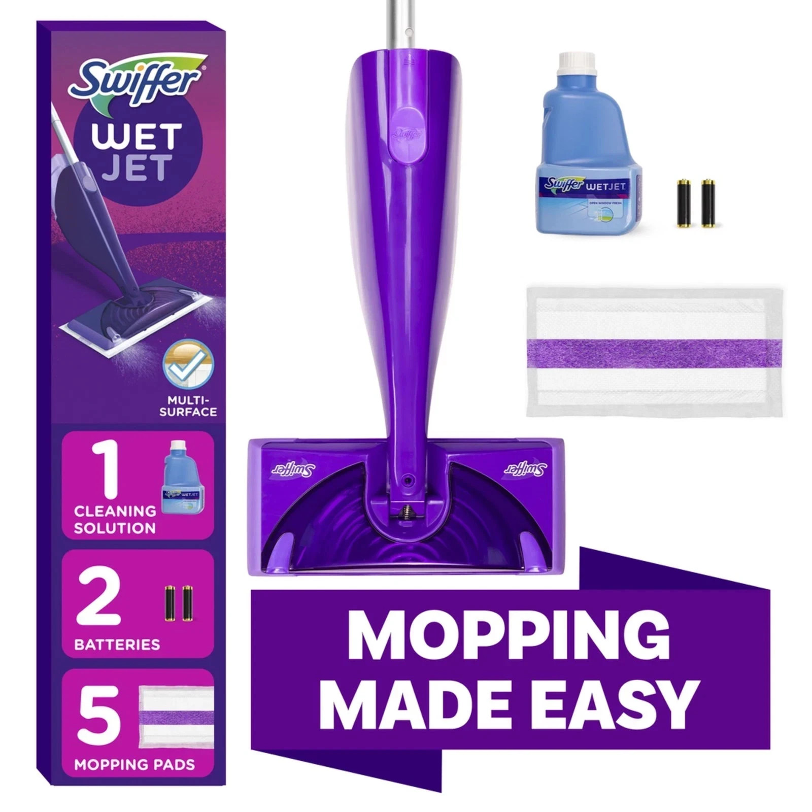 Swiffer Wet Jet with Refill, Unscented, 1 Handle + 1 Solution & 5 Pads + Battery
