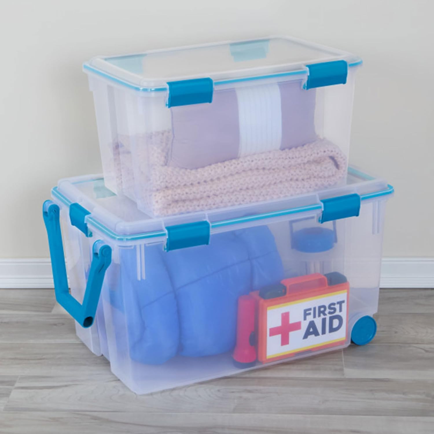 54 Quart Clear Storage Box with Blue Latches – 8 Pack