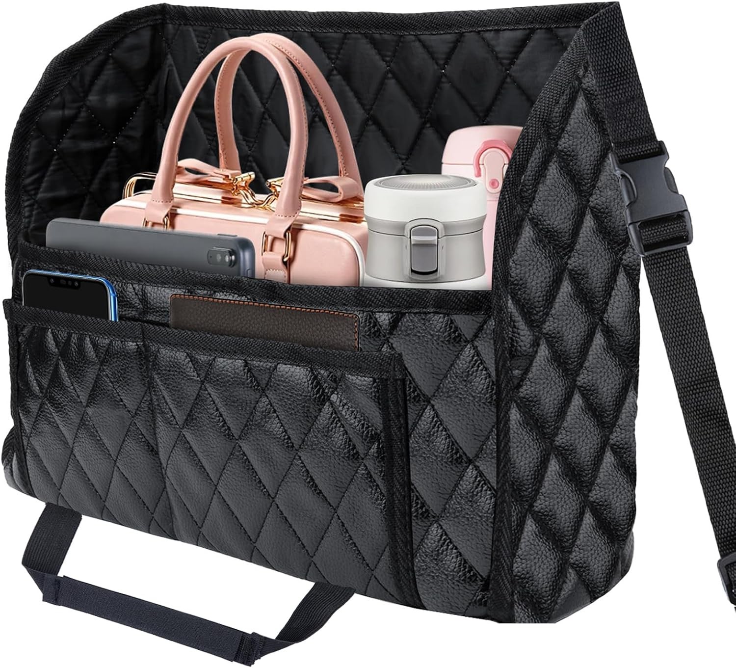 Car Purse Holder Between Seats, Leather Auto Front Seat Handbag Organizer