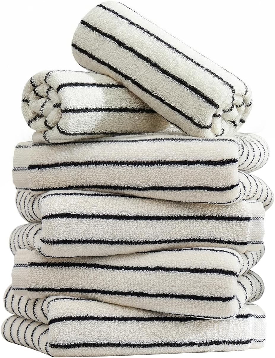 6 Piece Black and White Striped Hand Towels,100% Cotton Bathroom Towels Ultra