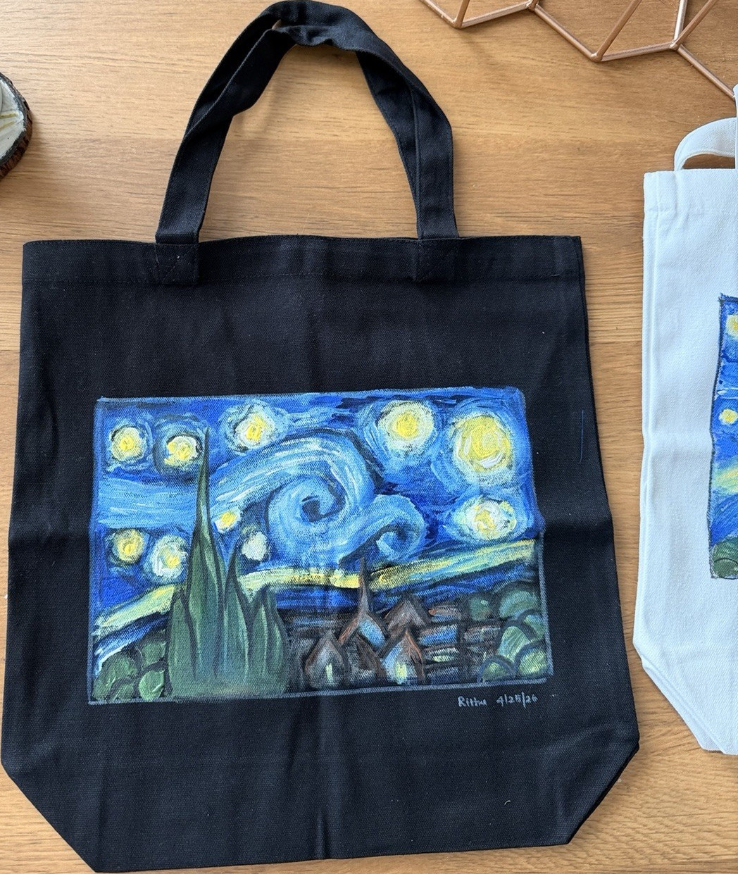Black Canvas Reusable Shopping Bag Medium Foldable Pop Art Starry Night Design