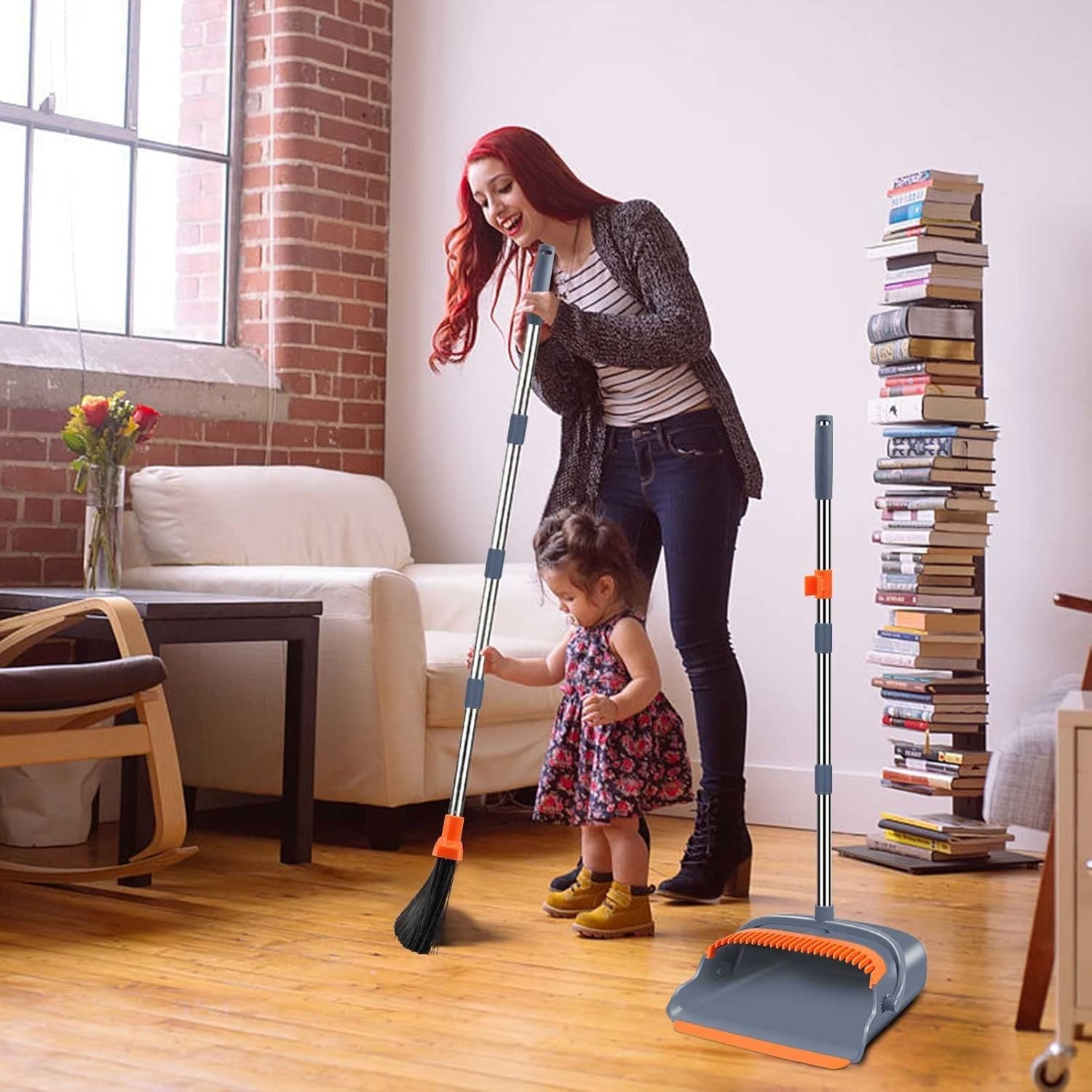 Upgrade Broom and Dustpan Set, Self-Cleaning with Dustpan Teeth, Indoor&Outdo…