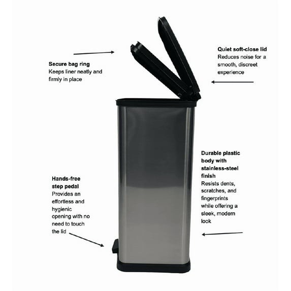Mainstays Kitchen Trash Can, 13.2 Gallon Plastic Step Garbage Bin with Lid, Silv
