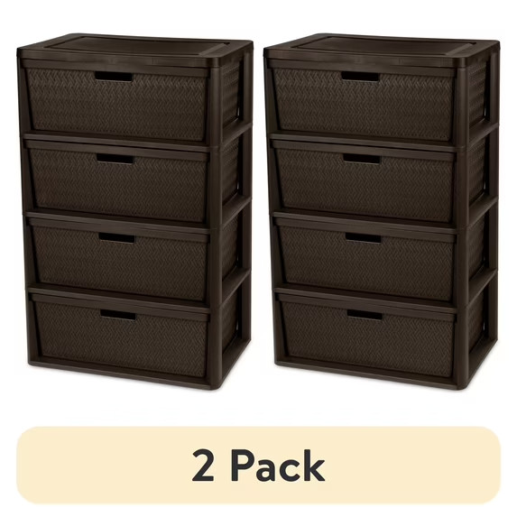 (2 pack) Sterilite Wide 4 Drawer Tower Plastic Storage Organizer Brown