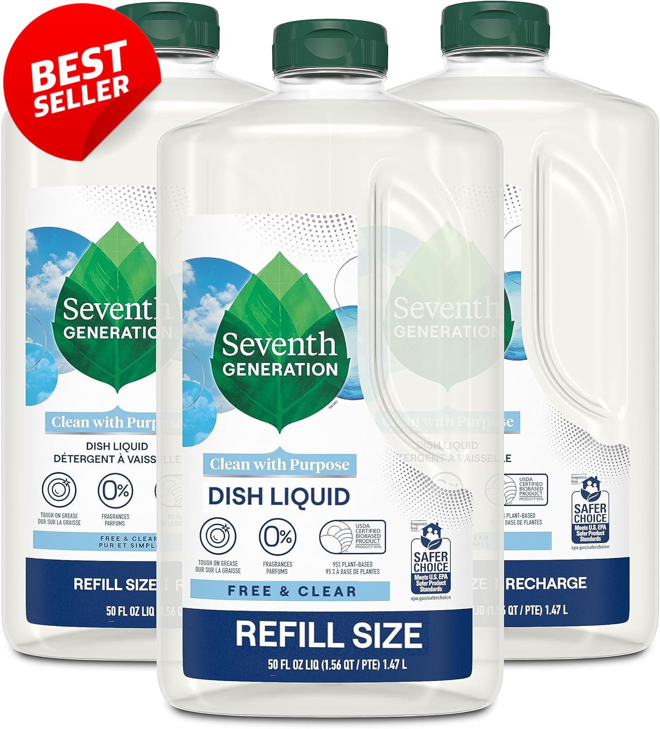 Dish Liquid Soap Refill Free & Clear 50oz Sensitive Skin Dish Soap 3 Pack US