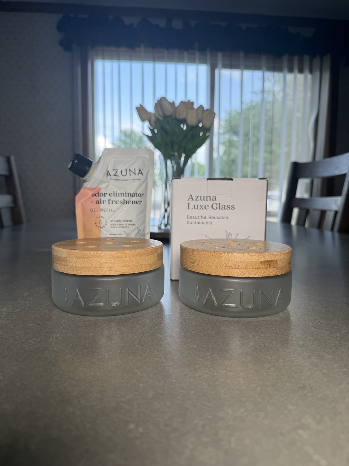 NEW OPEN BOX Azuna Luxe Glass 8oz Jars TWO PACK + 1 8oz Simply Citrus Gel Refill