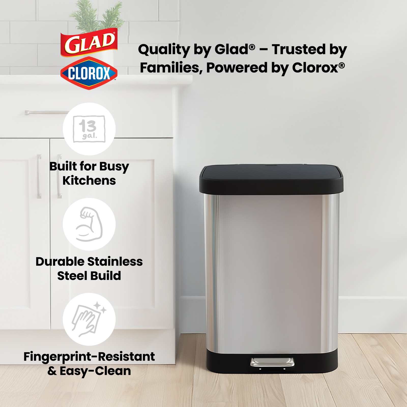 Glad Step Trash Can, Soft Close Lid Bin with Odor Protection, 13 Gal (Used)