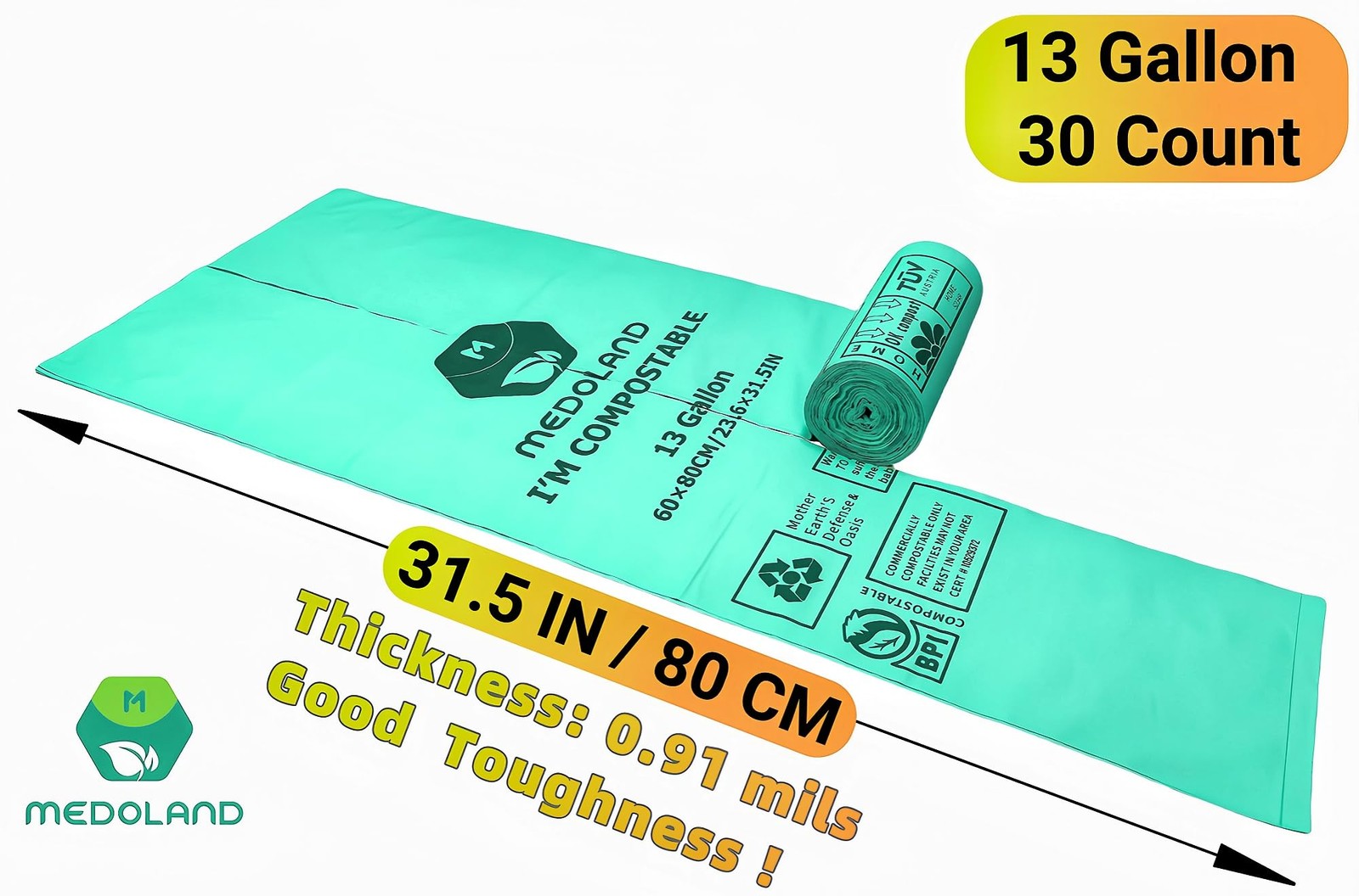 BPI Certified Compostable Trash Bags 13Gallon 30 Count 3X Thicker Than Regul…