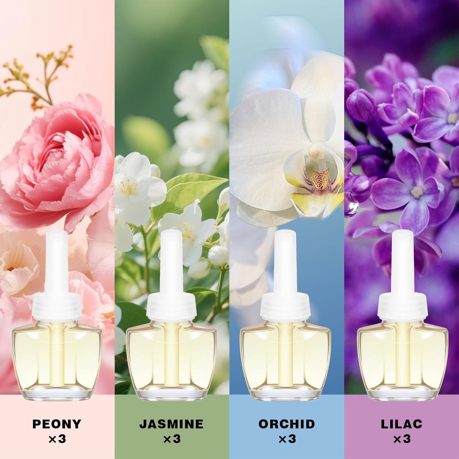 12 PACK Plug Ins Refills Air Freshener, Peony, Jasmine, Orchid, Lilac, for Home