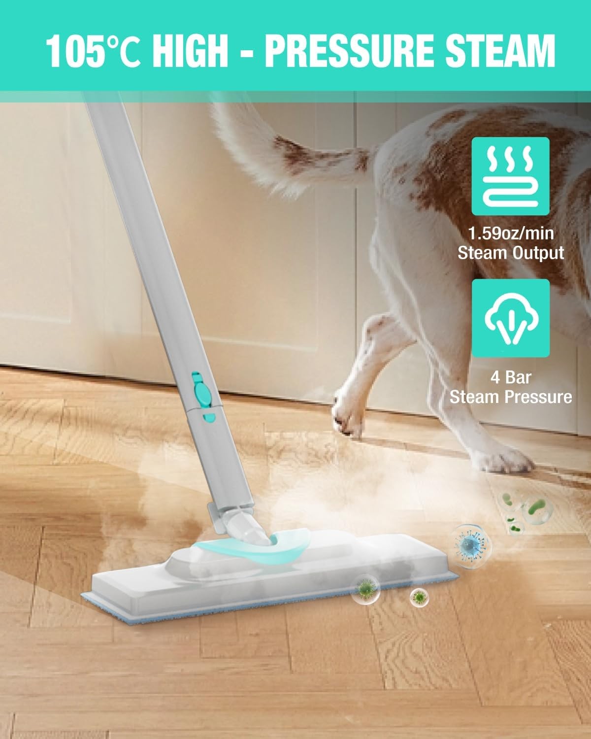 HAUSHOF 1500W Portable Steam Cleaner w/1.5L Tank and Wheels 4 Bar 16 Accessories