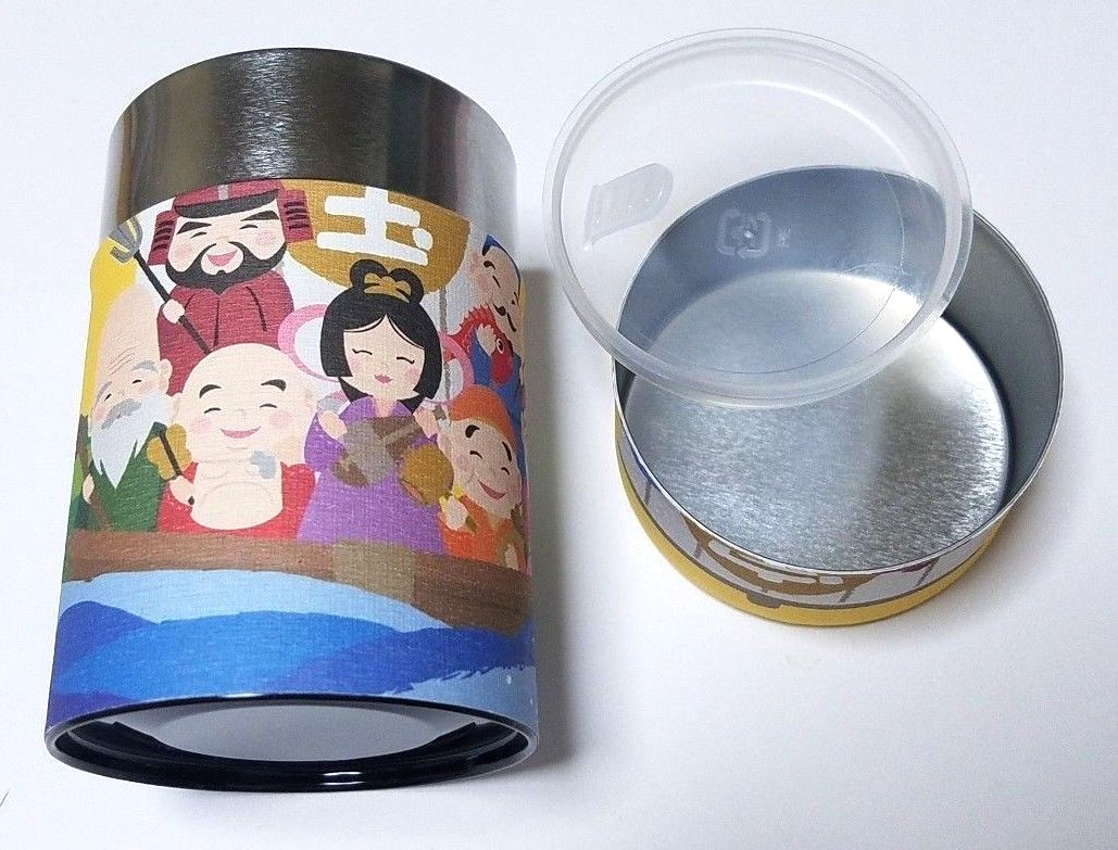 Japan Cylindrical Tea Can Seven Lucky Gods Empty Diameter 6.5cm X Height 10.5cm