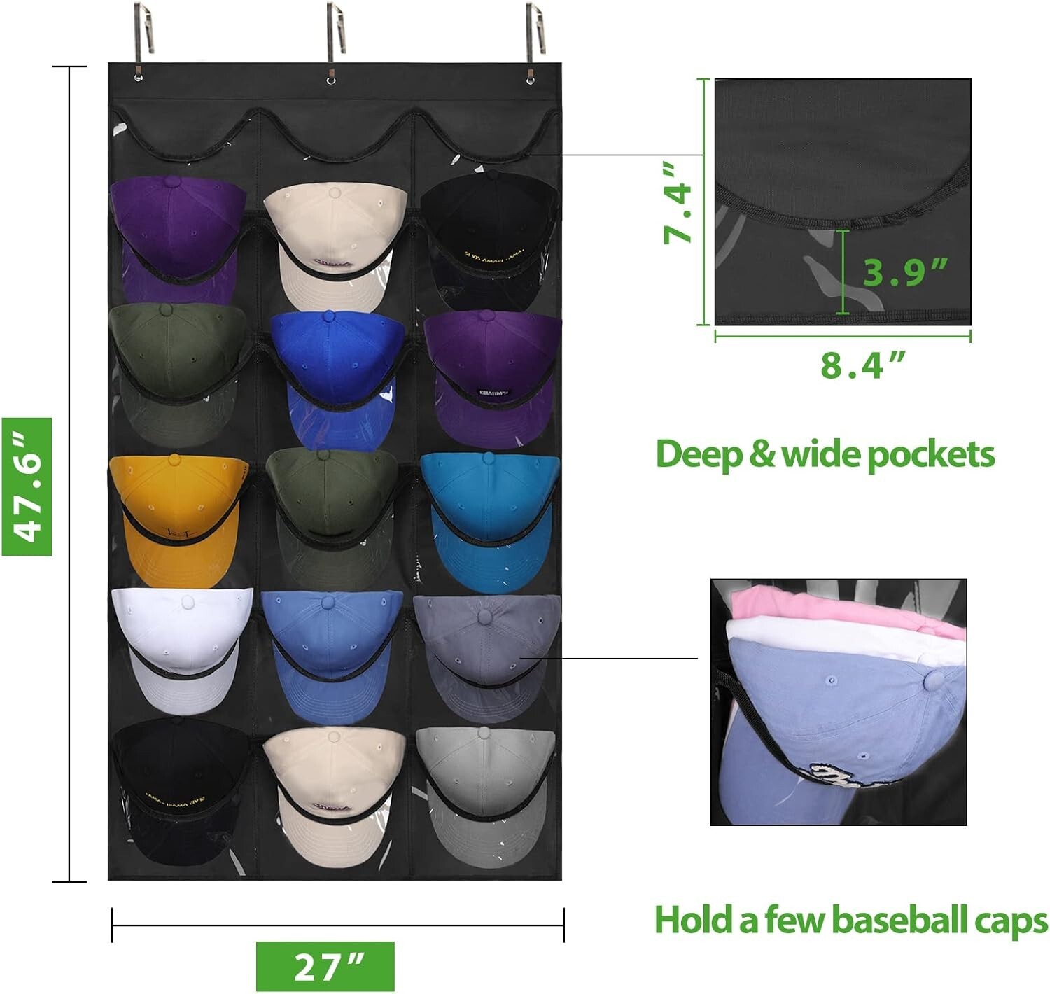 Stylish Baseball Cap Display Rack with 18 Pockets – Wall-Mount for Easy Access