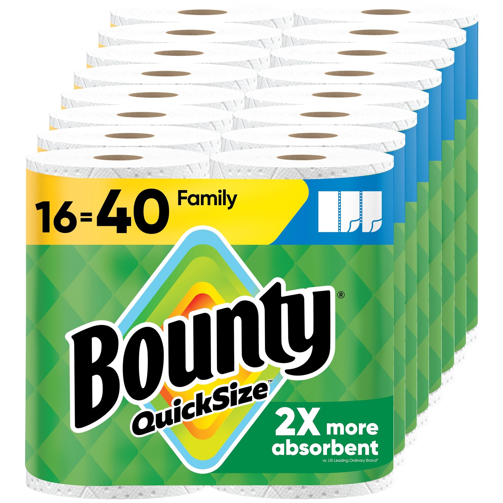 Bounty Paper Towels Quick Size. White. 16 Family Rolls = 40 Regular Rolls