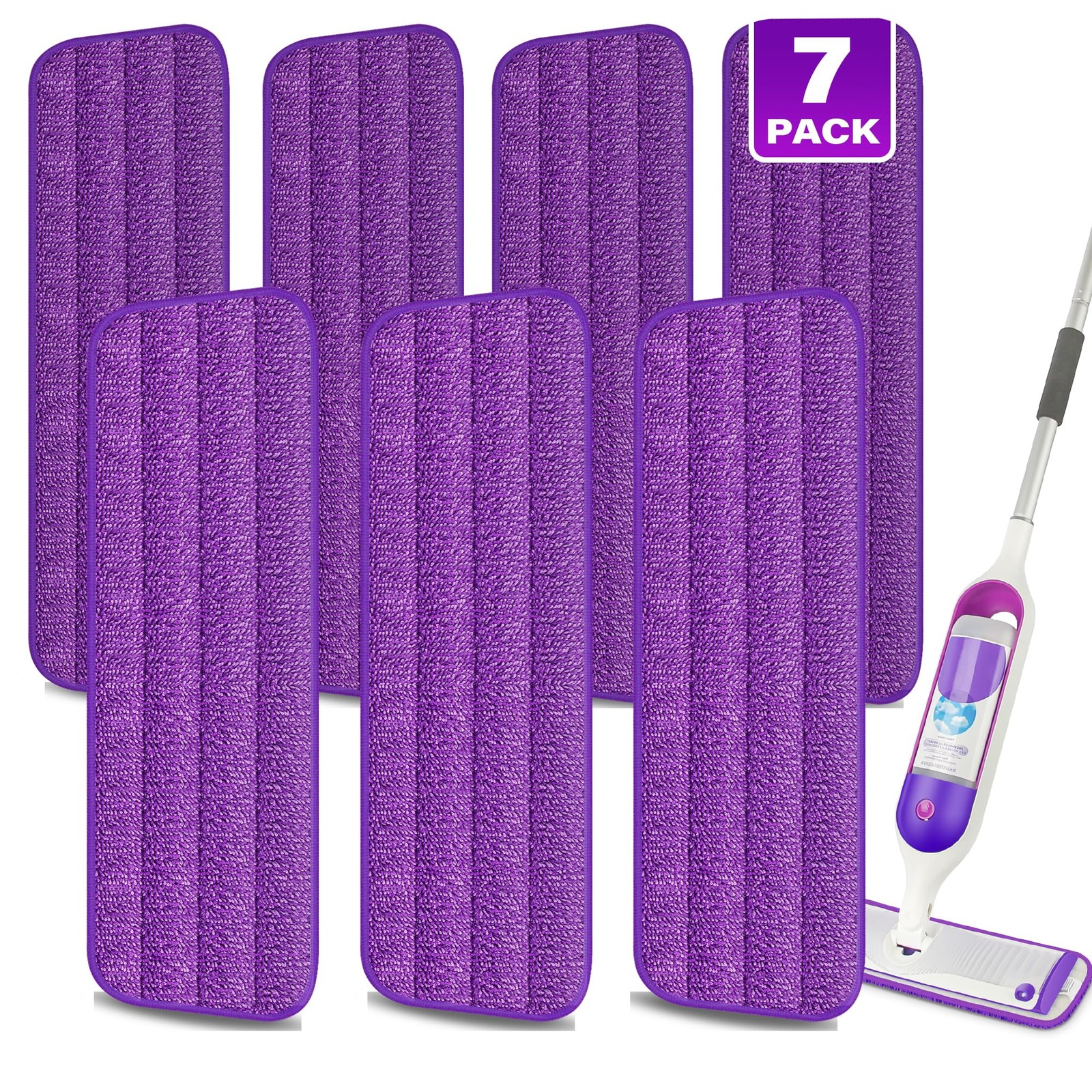 Mop Pads 7 Pack, Machine Washable, For Spray Mops 13 15 Inches, Purple