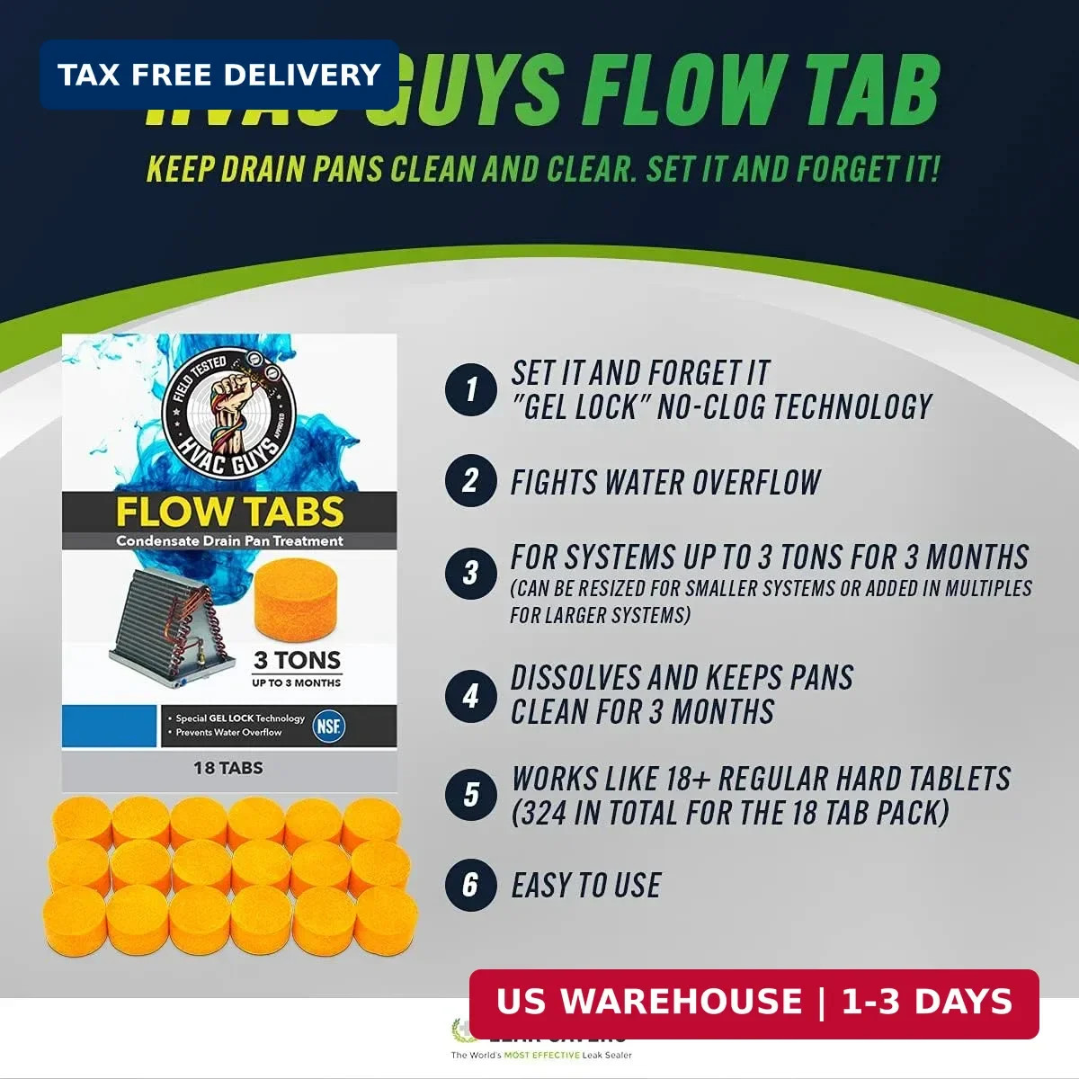 Leak Saver HVAC Guys Foam Blaster AC Coil Cleaner 3PK + Flow Tabs AC Drain Pan T