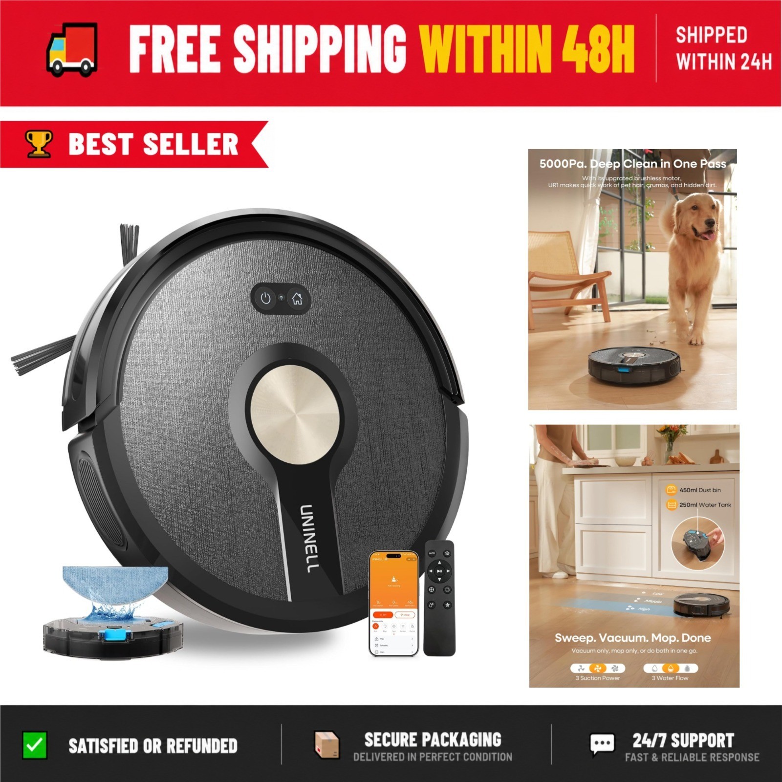 uninell UR1 Robot Vacuum and Mop Combo 5000Pa 180min Runtime