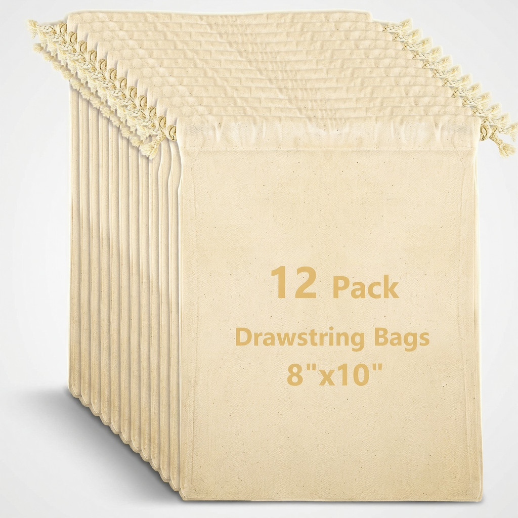 12 Pack Drawstring Bags 8×10 in Cotton Muslin Pouches Canvas Gift Party Favor