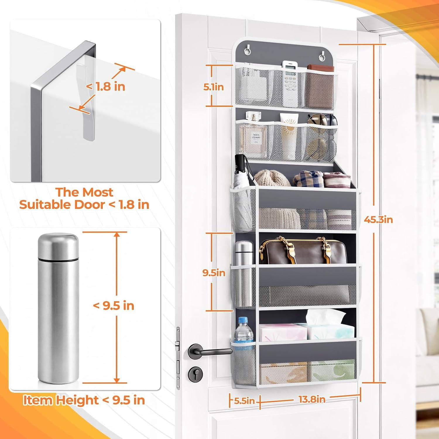 5-Tier over the Door Organizer with Mesh Pockets, Dark Grey | 6 Mesh Pockets, 3