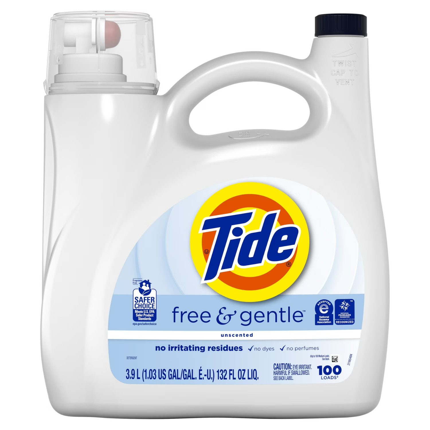 Tide Free Gentle Laundry Detergent Liquid 132oz 100 Loads Unscented, 2 Pack