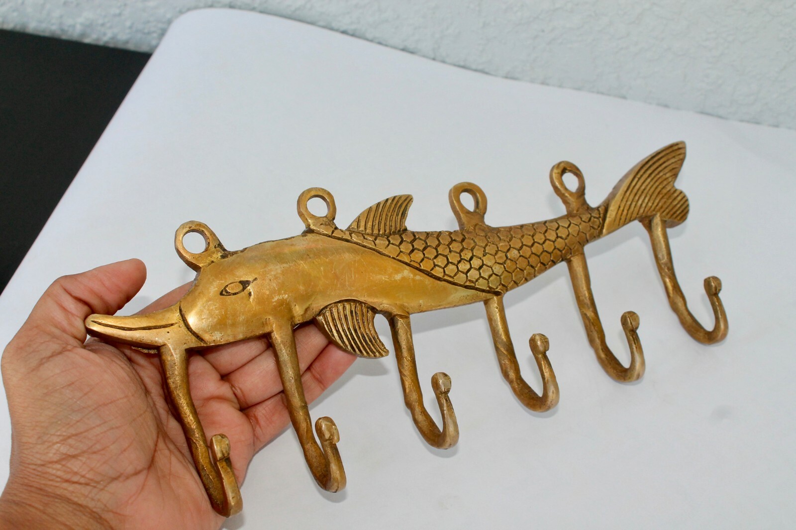 FISH Antique Hook vintage VTG mid century modern Bronze Brass wall coat keys