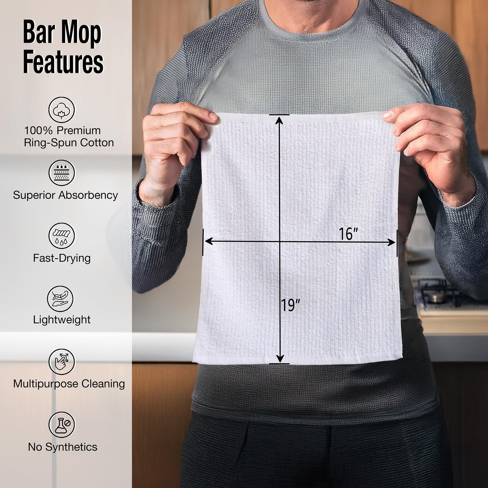 Bar Towels – Mop Cleaning Kitchen (12 Pack, 16 x 19 Inches, White