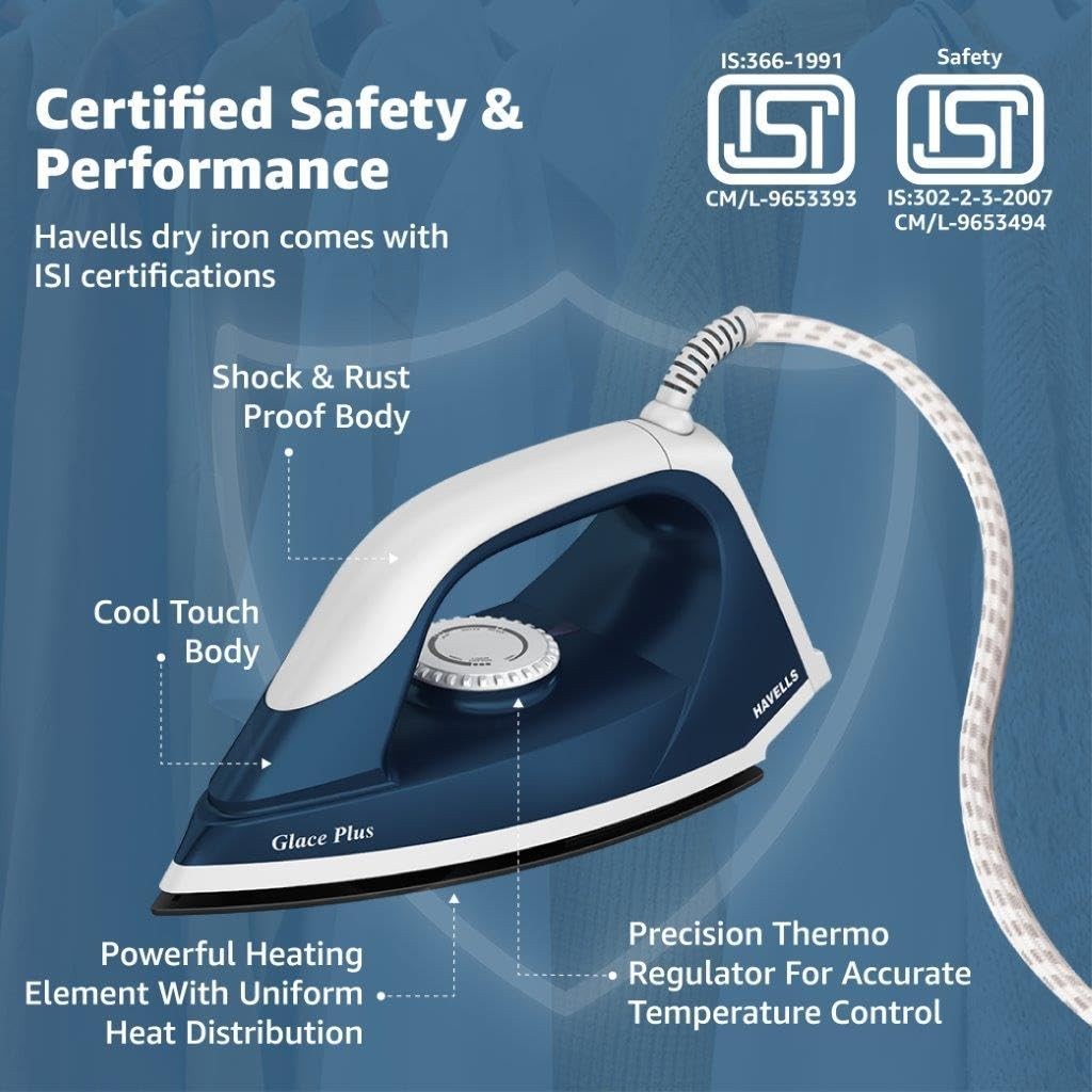 Havells Glace Plus 1000 Watts Dry Iron Press 2X Non Stick Greblon Coating 220V